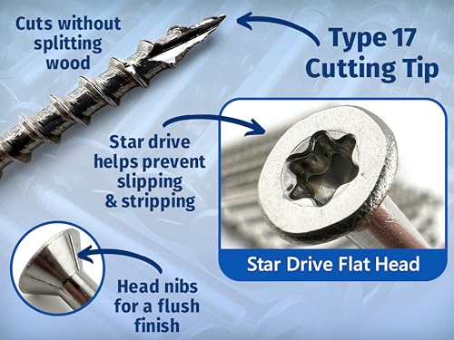 Door Hinge Wood Screws #10 x 3 Extra Long 20 piece Stainless Steel Star Drive T25 Sharp Cutting Self Tapping 305 Grade Rust Resistant Commercial or Residential Heavy Duty Fasteners