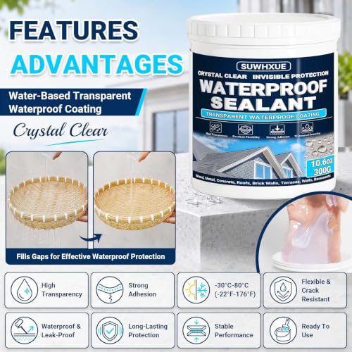 Clear Waterproof Sealant, SUWHXUE 10.6oz/300g Water-Based Transparent Waterproof Leak Repair Coating, Invisible Flexible Sealant for Concrete Walls Wood Metal Roof Water Sealer Indoor & Outdoor - size: 10.6 Oz