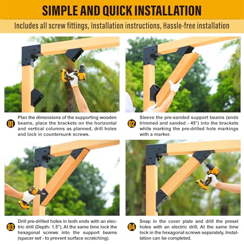 4pc 45°-Degree Angle Support Bracket, 4x4 (Actual 3.5''x3.5'') Angle Bracket, Suitable for Pergolas, Gazebo, Deck Porch, Cabin Elevated Wood Support Bracket kit (Frosted-Black) - size: 4''x4'' (Actual: 3.5''x3.5'')