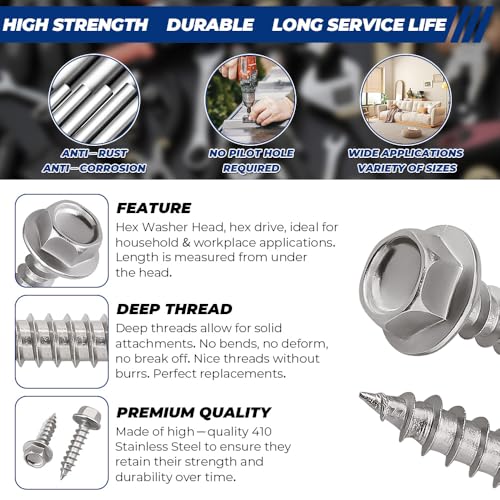 #12 x 2 Hex Flange Head Wood Screws, 410 Stainless Steel Self Tapping Screws, Hex Bit Included (50-Pack) - size: #12 x 2"