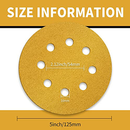 100 Pcs 5 Inch Sanding Discs Hook and Loop, 120 Grit Sandpaper for Woodworking or Automotive, 8 Hole Gold Premium Dustless Random Orbit Sandpaper - style: 120 Grit-100 Discs