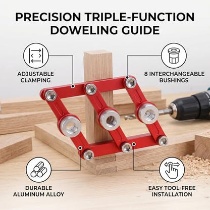 Self Centering Dowel Jig Drill Guide for Woodworking Adjustable Hole Locator 8 Stainless Steel Bushings Aluminum Alloy Biscuit Joiner Tool for Craft Professional Projects