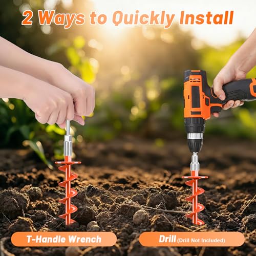 FEED GARDEN Ground Anchors Screw in Heavy Duty, 4 Pack 15 Inch Spiral Earth Anchors for Trampoline Anchors High Wind, Swing Set Anchors, Tent Stakes, Dog Tie Out & Canopy Stability, Orange