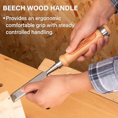 HAUTMEC Long Wood Chisel Set for Woodworking, 4-Piece Professional Wood Chisels with 60CR-V Steel Blades and Beech Handles for Carpenters, Framing & Mortise (1/4", 1/2", 3/4", 1")