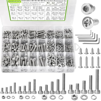 M3 M4 M5 M6 Hex Socket Bolt and Nut Assortment Kit, 1318Pcs - size: M3 M4 M5 M6 - Hex Socket Head