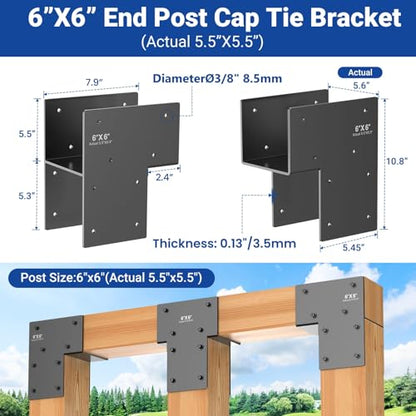 2-Pack 6x6 End Post Cap Tie Brackets (Actual 5.5"), Ultra-Heavy Duty 3.5mm Stainless Steel Corner Brackets, Rustproof Post to Beam Connector Hardware for Gazebo, Deck, Patio Construction (Dark Gray) - size: End 6X6"(Actual5.5X5.5"）