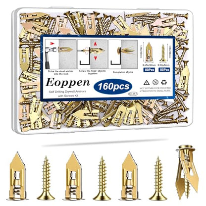 160Pcs Self Drilling Drywall Anchors with Screws, 80Pcs Sheetrock Anchors (0.47x1.18Inch) & 80Pcs Expansion Screws, Zinc Plated Steel Drywall Anchors No Drilling Required Holds Up to 66lbs - color: 160Pcs - 0.47x1.18 inch-Gold