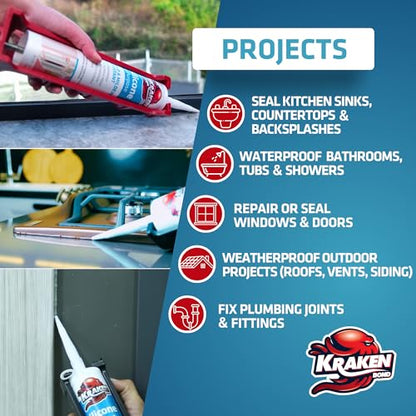 Kraken Bond RTV Silicone Sealant White (48 x 10.1 fl.oz.)%100 Waterproof Silicone Caulk Kitchen and Bathroom, All Purpose, Window Caulking Sealant Outdoor, RV, 48 Pack - size: 48 Pack