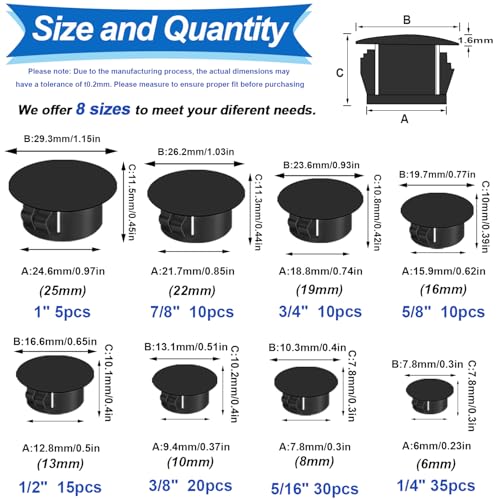 Tnisesm 135Pcs 8 Sizes Nylon Plastic Hole Plugs Black 1/4" 5/16" 3/8" 1/2" 5/8" 3/4" 7/8" 1" Round Drill Hole, Furniture Cabinet Insert End Caps Industrial Hardware Biscuits & Plugs - color: 8 Size(1/4"-1"-135pcs)