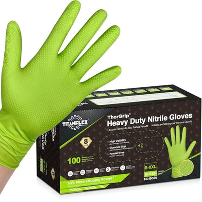 TitanFlex Heavy Duty Industrial Nitrile Gloves with Raised Diamond Texture, 8-mil, Latex Free (Green/Dark Green/Yellow) - color: 02 Green (100ct), size: Large