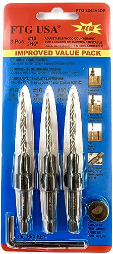 FTG USA 3 Pc #10 (3/16") Countersink Drill Bit Set with Tapered Drill Bits - size: #10, style: Same Sort 3 Pc