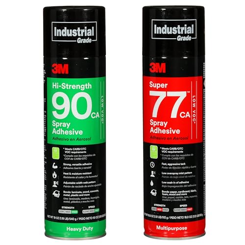 Bundle of 3M Hi-Strength 90 CA Spray Adhesive, Low VOC, Permanent + 3M Super 77 Multipurpose Permanent Spray Adhesive Glue, Low VOC, Paper, Cardboard, Fabric, Plastic, Metal, Wood, Net Wt 18 oz - size: Bundle of 90 + 77, style: Bundle of 3M Hi-Strength 90