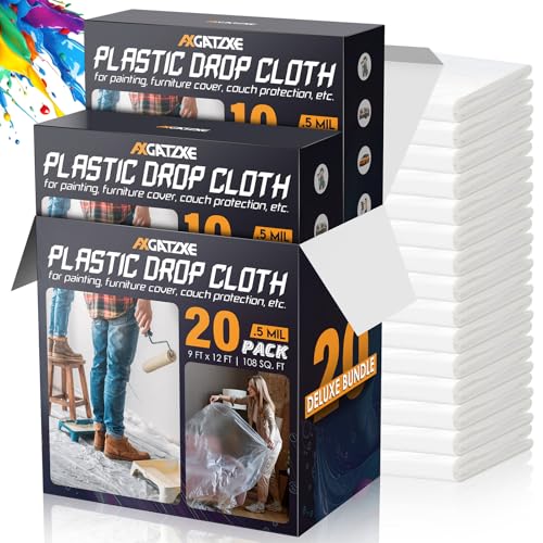 Axgatoxe 12 x 9 Ft Plastic Drop Cloths for Painting (20-Pack) - size: 20-Pack