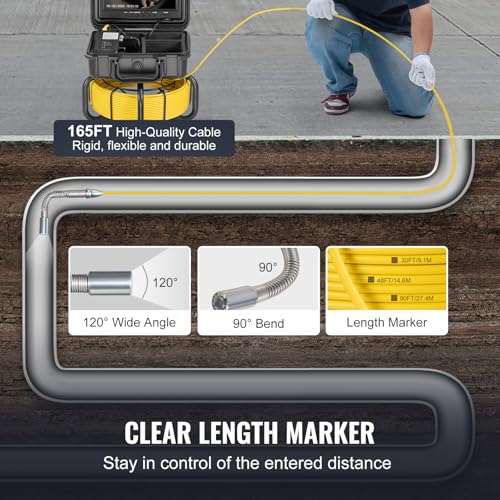 VEVOR Sewer Camera, 165 ft/50m Self-Leveling Pipeline Inspection Camera with 9" 1080P HD Screen, 36X Zoom, IP68 Waterproof Plumbing Camera with Lights-12 LED, 32GB Card Snake Camera for Duct Pipe - size: 165ft/50m, style: 9" Screen with Self-Leving