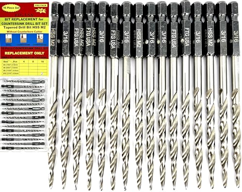 FTG USA 16 Pc #10(3/16") Replacement Taper Countersink Drill Bit Hex Shank - size: #10, style: 16 Piece Same Size