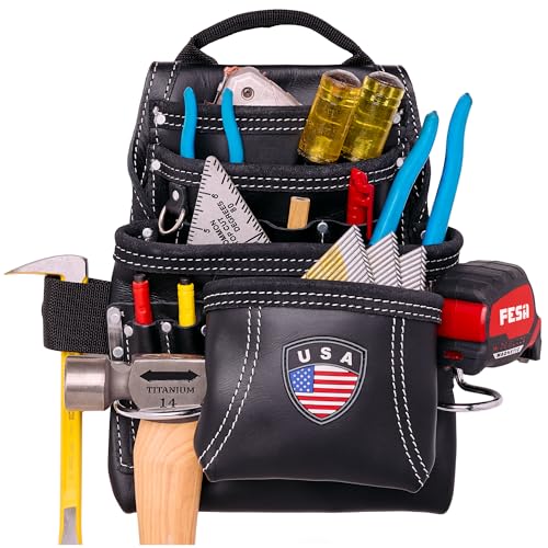 FESA Leather Carpenter Tool Pouch - 10-Pocket Heavy Top Grain Leather Carpenter Pouch with 2 Hammer Loops, Large & Small Pockets - Fits Work Belts up to 3" - Handcrafted - Country-Themed - color: Black - USA