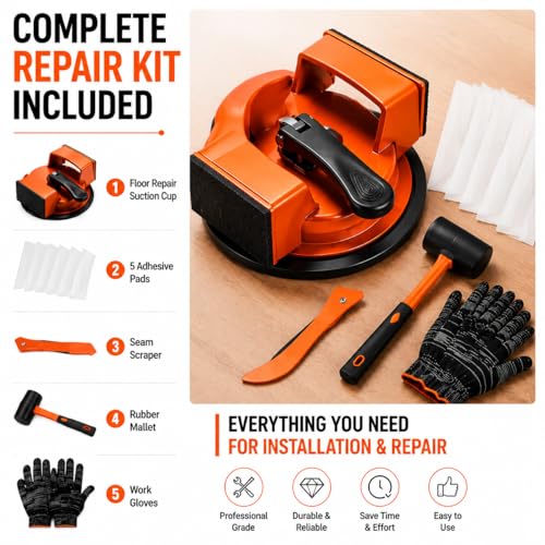 Floor Gap Fixer Tool, Heavy Duty Suction Cup Wood Floor Gap Repair Kit with Rubber Mallet, Non‑Slip Gloves & Adhesive Shims, for Laminate Vinyl LVP Hardwood Flooring Plank Gap Fixing
