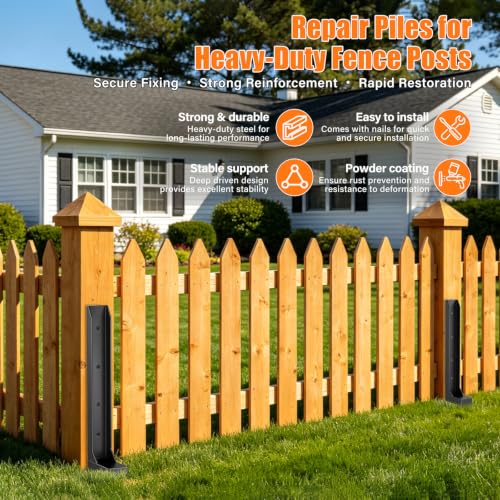 6 Pcs Fence Post Repair Kit,4×4/6x6 Fence Post Support,Heavy Duty Post Anchor Ground Spike with One-Piece Steel Anchor & Stakes for Repair Tilted, Broken Wood Fence Post
