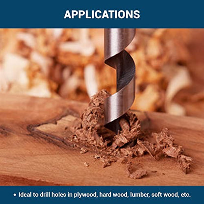 Benchmark Abrasives 1/2 Inch Auger Drill Bit for Woodworking,7/16” Hex Shank Tool for Smooth, Clean Cuts Hole Carbon Steel Hole Cutter Drill Bit for Drilling on Soft & Hard Wood, MDF, Plywood - size: 1/2 in