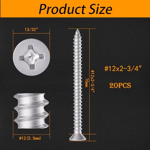 304 Stainless Steel #12 x 2-3/4" Flat Head Self Tapping Wood Screws 20PCS - size: #12 x 2-3/4"（20PCS）