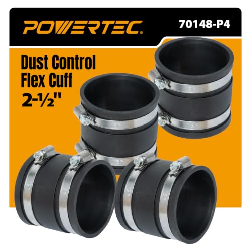 POWERTEC 70148-P4 2-1/2 Inch Dust Control Flex Cuff with Steel Hose Clamps, Hose Connector Rubber Cuff Coupler for Woodworking Dust Collection Fittings, Dust Collector Accessories & Machinery, 4 pack - size: 2-1/2", 4PK