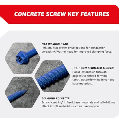 1/4 x 4 Hex Head Blue Concrete Screw Anchors (100 pcs Screw Kit) with one Screwdriver and Drill Bit for Concrete, Masonry, Block, Brick and Wood Fastening - size: 1/4 x 4"