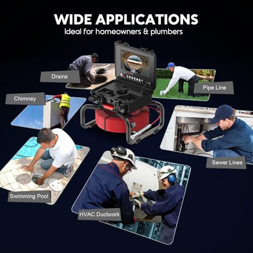 Anysun Self Leveling Sewer Camera 100Ft, Sewer Inspection Camera with 9'' 1080P Screen & DVR, IP68 Waterproof Drain Pipe Camera Plumbing Camera Borescope Camera with Light, 32GB Card(Red Cable) - size: 100Ft/30M, Self Leveling