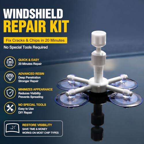 Windshield Repair Kit for quick DIY repair of small chips and cracks. Resin fills damage to improve clarity and reduce visibility. Suitable for bullseye, star, and minor damage. Easy home use