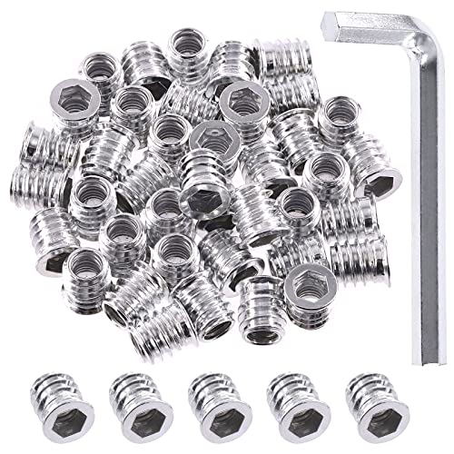 Keadic 50 Pcs 5/16"-18x15mm Carbon Steel Threaded Wood Inserts Assortment Kit,Screw-in Bolt Fastener Connector Hex Socket Drive for Wooden Furniture