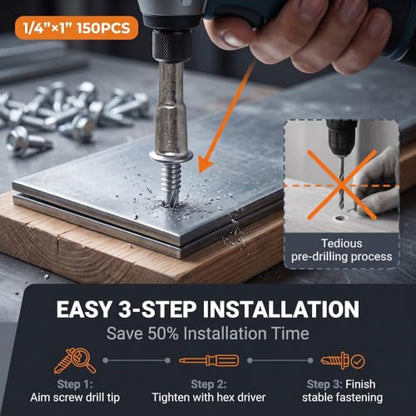 1/4" x 1" Self Tapping Screws for Metal with 3/8” Hex Washer Head, 150PCS