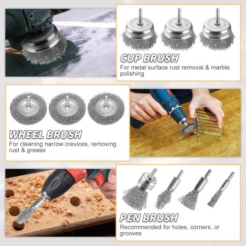 10Pcs Wire Brush Drill Set, 0.1mm Carbon Steel Bristles, 1/4 Inch Round Shank, Heavy Duty Cup/Wheel/Pen Brush for Rust Removal, Paint Stripping, Deburring