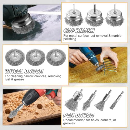 10Pcs Wire Brush Drill Set, 0.1mm Carbon Steel Bristles, 1/4 Inch Round Shank, Heavy Duty Cup/Wheel/Pen Brush for Rust Removal, Paint Stripping, Deburring