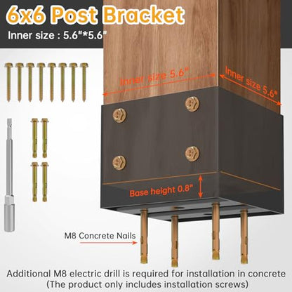 Thickened 6x6 Post Base for Concrete with Hidden Anchor （2PCS） - size: 6x6 post base (2 PCS)