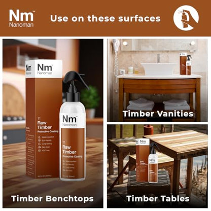 Nanoman Timber & Wood Water Repellent Sealer, 250mL – Invisible Waterproofing & Stain Protection for Raw Wood, Furniture, Benchtops, Vanities, Indoor & Outdoor