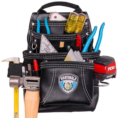 FESA Leather Carpenter Tool Pouch - 10-Pocket Heavy Top Grain Leather Carpenter Pouch with 2 Hammer Loops, Large & Small Pockets - Fits Work Belts up to 3" - Handcrafted - Country-Themed - color: Black - Guatemala
