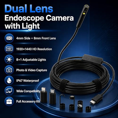 Endoscope Camera with Light 1920P HD Borescope Inspection Camera for Android & iPhone, Semi-Rigid Snake Cable with 8 LEDs, Waterproof for Sewer Pipe Automotive Inspection (Dual Lens 5m/16.4FT) - size: 5m / 16.4FT