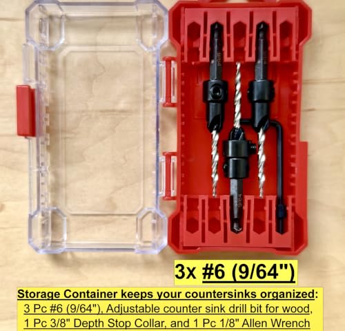 FTG USA 3 Pc #6 (9/64") Tapered Countersink Drill Bit Set with Storage Box - size: #6, style: Same Sort 3 Pc