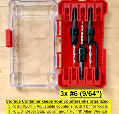 FTG USA 3 Pc #6 (9/64") Tapered Countersink Drill Bit Set with Storage Box - size: #6, style: Same Sort 3 Pc