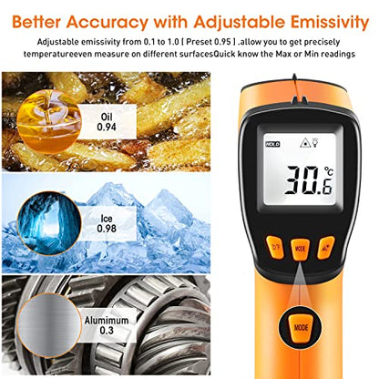 Infrared Thermometer Gun -58°F to 1022°F, Non-Contact Laser Thermometer with LCD Display, Temperature Measurement Gun for Cooking, BBQ, Oven, Adjustable Emissivity - color: -58°F~1022°F