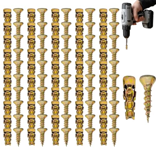 6×14mm Short Expansion Screw Set, Anchors and Screws for Cabinet Hinge Maintenance and Thread Repair, 10/30/50/100pcs, Fits Multiple Materials to Steady Loose Cabinet Door Structures (50, Gold)