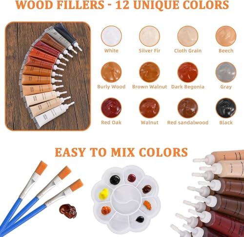 Wood Repair Kit for Wood Scratch Repair and Laminate Floor Scratch Repairs 12 Colors Filler Putty Paste to Fix Scratches Cracks Holes on Hardwood Laminate Vinyl Furniture Table Door Cabinet