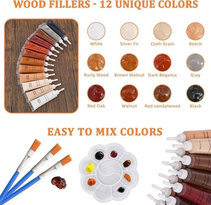 Wood Repair Kit for Wood Scratch Repair and Laminate Floor Scratch Repairs 12 Colors Filler Putty Paste to Fix Scratches Cracks Holes on Hardwood Laminate Vinyl Furniture Table Door Cabinet