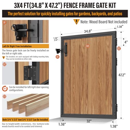 3x4FT Fence Gate Frame Kit 201 Stainless Steel Heavy Duty Garden Gates Anti-Sag Backyard Front Gate Reinforcement Hardware, Left/Right Mount (No Wood Planks Included) - color: W3xH4ft