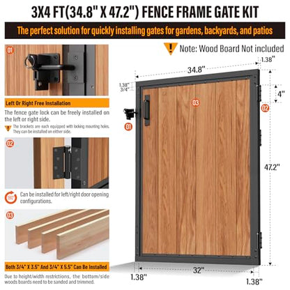 3x4FT Fence Gate Frame Kit 201 Stainless Steel Heavy Duty Garden Gates Anti-Sag Backyard Front Gate Reinforcement Hardware, Left/Right Mount (No Wood Planks Included) - color: W3xH4ft