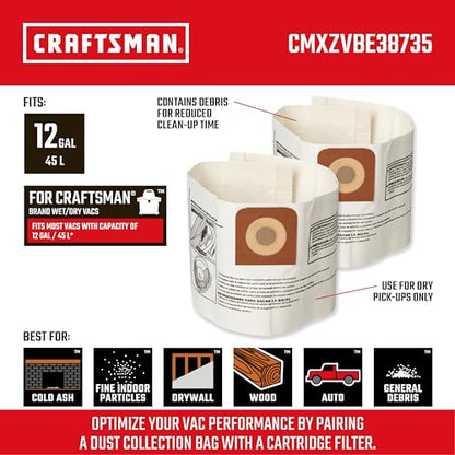 CRAFTSMAN CMXZVBE38735 Genuine 12-Gal. Wet Dry Vac Dust Collection Bags - style: 12 Gallon Fine Dust