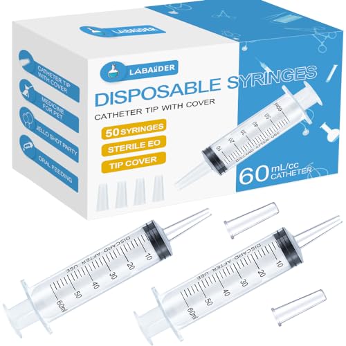 50 Pack 60mL Syringe Catheter Tip with Covers, 60cc Large Plastic Syringes for Jello Shots Syringe Party, Liquid, Oral, Feeding Pet, Food, Dispensing- Individually Sterilized Sealed - size: 60ML-50PACK
