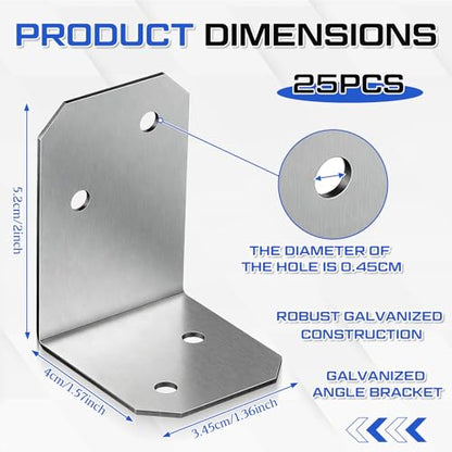 Hicarer 25 Pcs 2" x 1-1/2" x 1-3/8" Galvanized Angle Bracket, L Shape Heavy Duty Corner Brackets for Wood, 90 Degree Metal Steel Corner Brace for Framing Fence, Furniture, Bed, Timber, Shelf - size: 2" X 1-1/2" X 1-3/8"