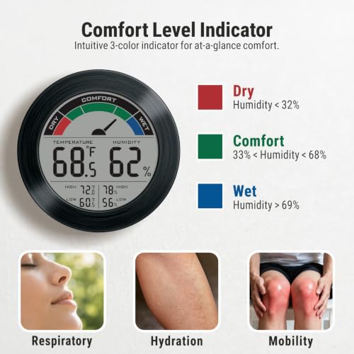 Digital Hygrometer Indoor Thermometer, Brushed Metal Frame, Black - color: Black Stainless