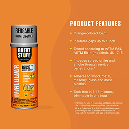 GREAT STUFF Fireblock Gap Filler | Insulating Foam Sealant, 12 oz. – Smart Dispenser, Orange (12 Pack)