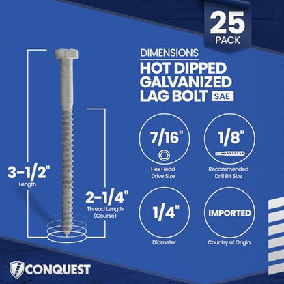 Conquest 1/4"-10 x 3-1/2" Lag Bolts, Hot Dip Galvanized, Coarse Threads Hex Head, Corrosion-Resistant for Outdoor, Wood, and Structural Projects (25 Pack) - size: 1/4"-10 x 3-1/2"
